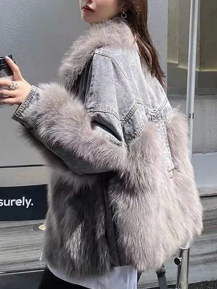 LANMREM Korean Style Faux Fur Spliced Coat Women Contrast Color Denim Patchwork Loose Warm Jackets Fashion Winter New 2VV251