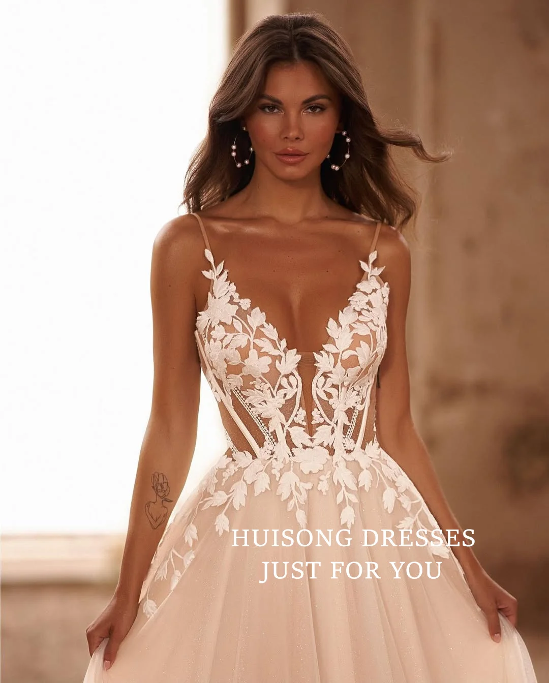 HUISONG مخصص Vestidos De Novia الدانتيل زينة فساتين الزفاف السباغيتي الأشرطة ألف خط فستان زفاف الأميرة فستان الزفاف