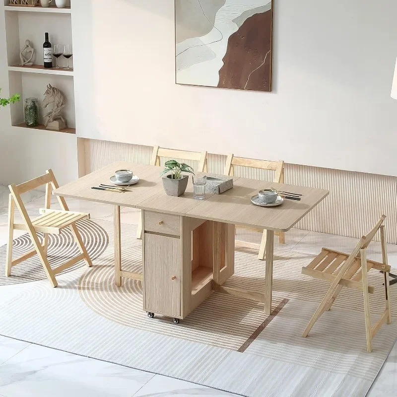 Extensível Drop Leaf Folding Mesa De Jantar, Farmhouse Space Saving Table, Cor De Madeira, com 2 Gavetas e 4 Rodas