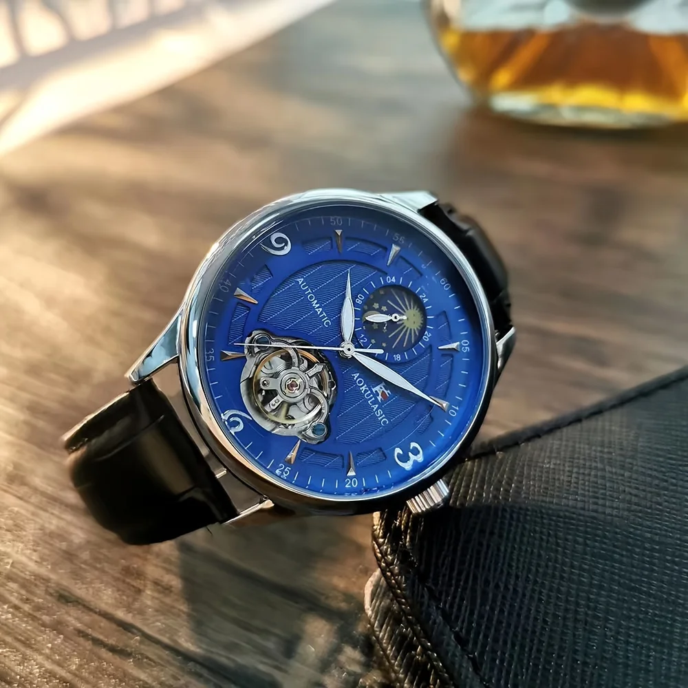 ساعة رجالية راقية بنمط عمل فاخر، تتميز بمينا هيكل عظمي، وهيكل معدني دائري، وحركة ميكانيكية أوتوماتيكية، وحزام جلدي، بدون بطارية، مثالية لعيد الحب، والكرنفال، وعيد الميلاد