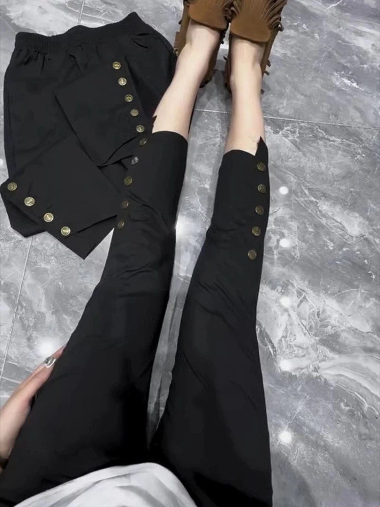 

Летние укороченные брюки-карандаш больших размеров для женщин, тонкие, с асимметричным кроем, на нескольких пуговицах, черные, модные, в стиле Y2K