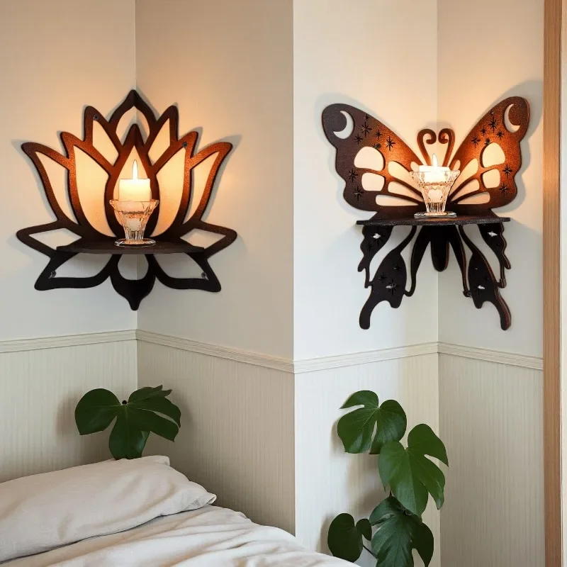 2 Pcs Creative Wooden Hollow Butterfly Corner Shelves, Right-Angle Decorative Wall Shelves for Home & Wall Decor, Includes Lotus & Butterfly Motifs, Natural Finish, Great for Bathroom Vanity, Entryway or Meditation Space Stylingha