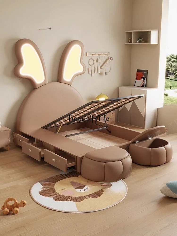 pg45Multifunctional storage deer 1.5 meters solid wood 1.2 single bed simple leather bed