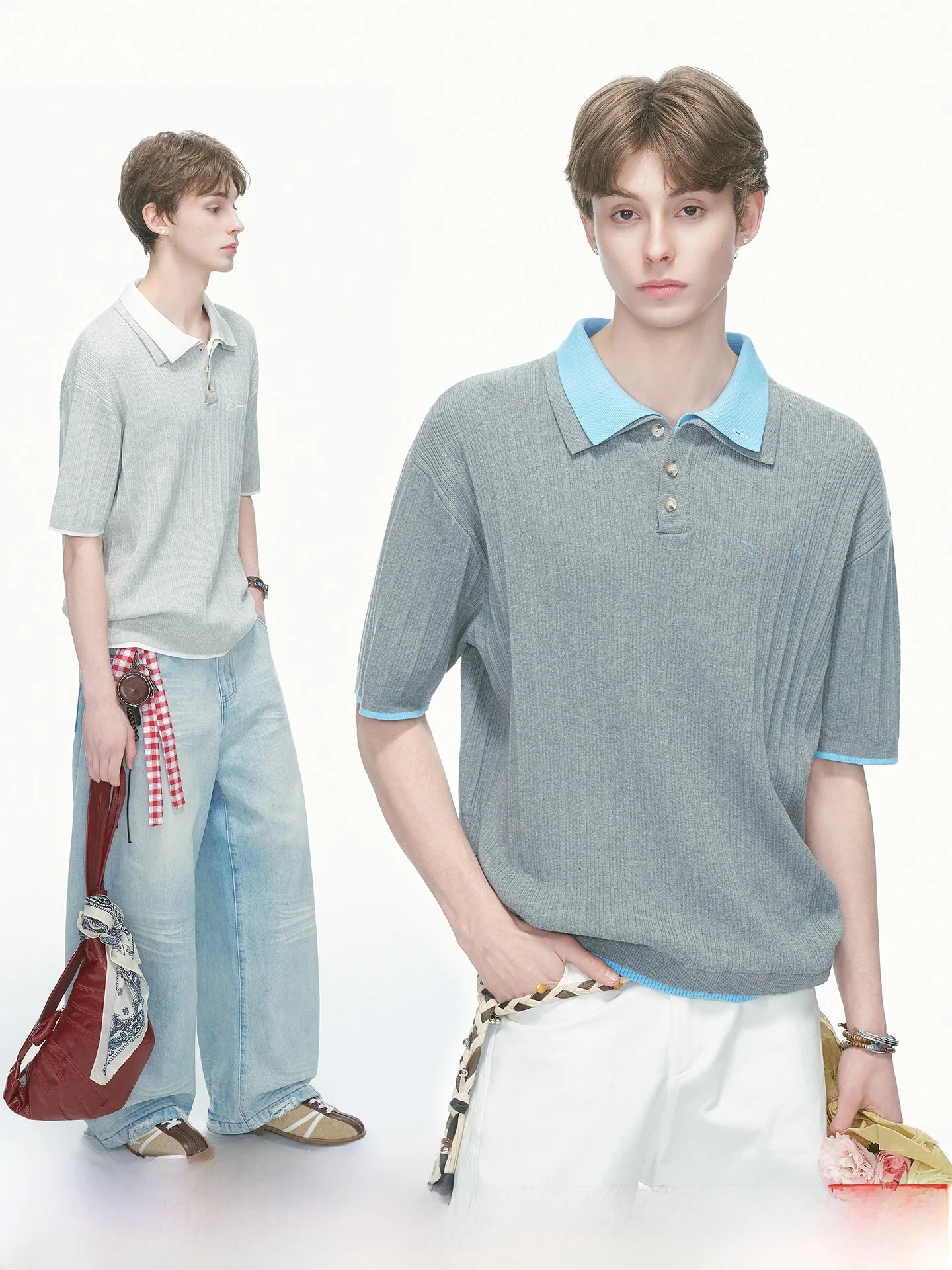 Dream Made Knitted Half Sleeve  Shirt Men's Summer Lightweight Luxury Couple T-Shirt Double Layer Collar Fake Two-Piece