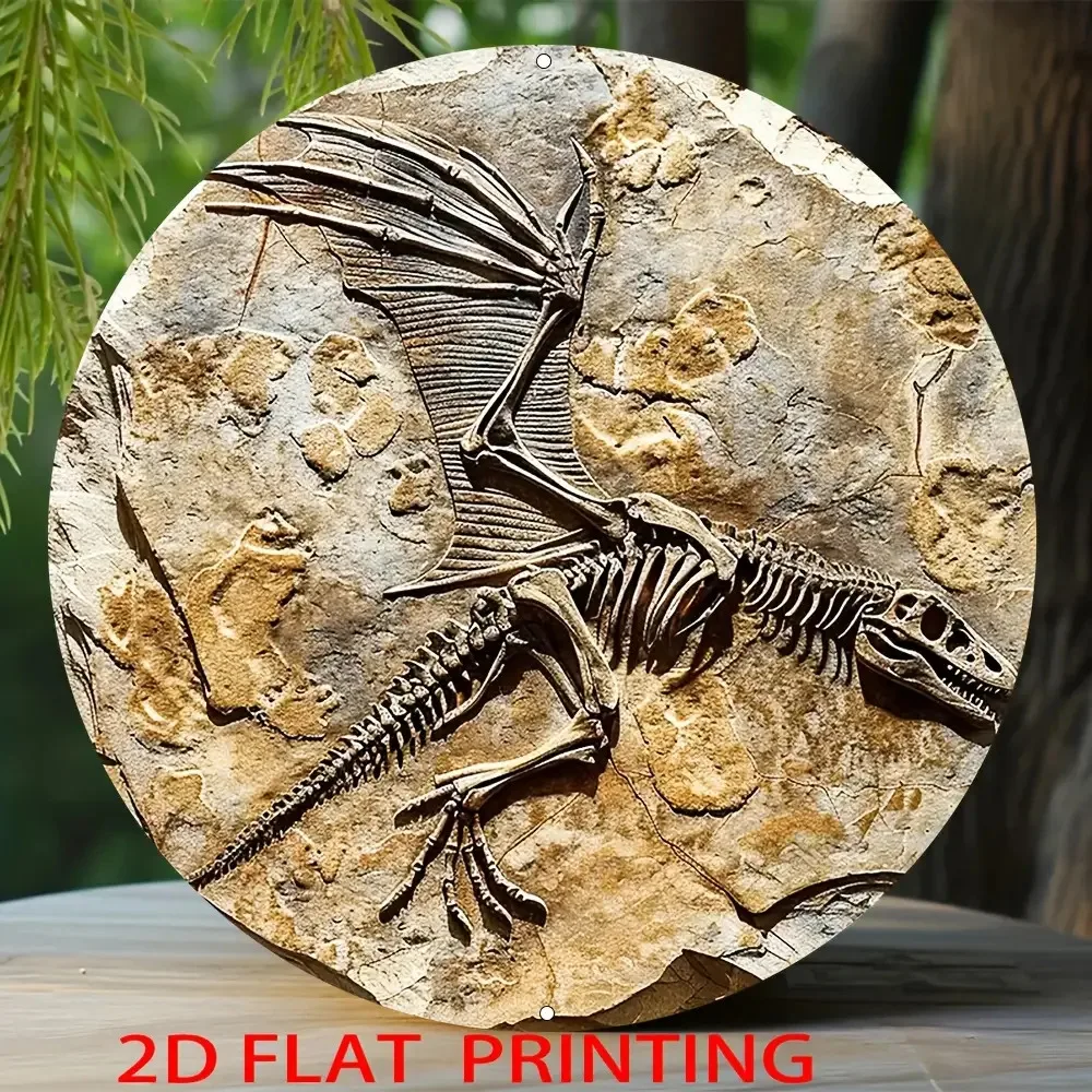 2D Flat - 2D UV Printed Round Wall Art - 2D Dinosaur Skeleton Design, 19.99X19.99 Cm, Vintage Decorative Sign Suitable for Home,