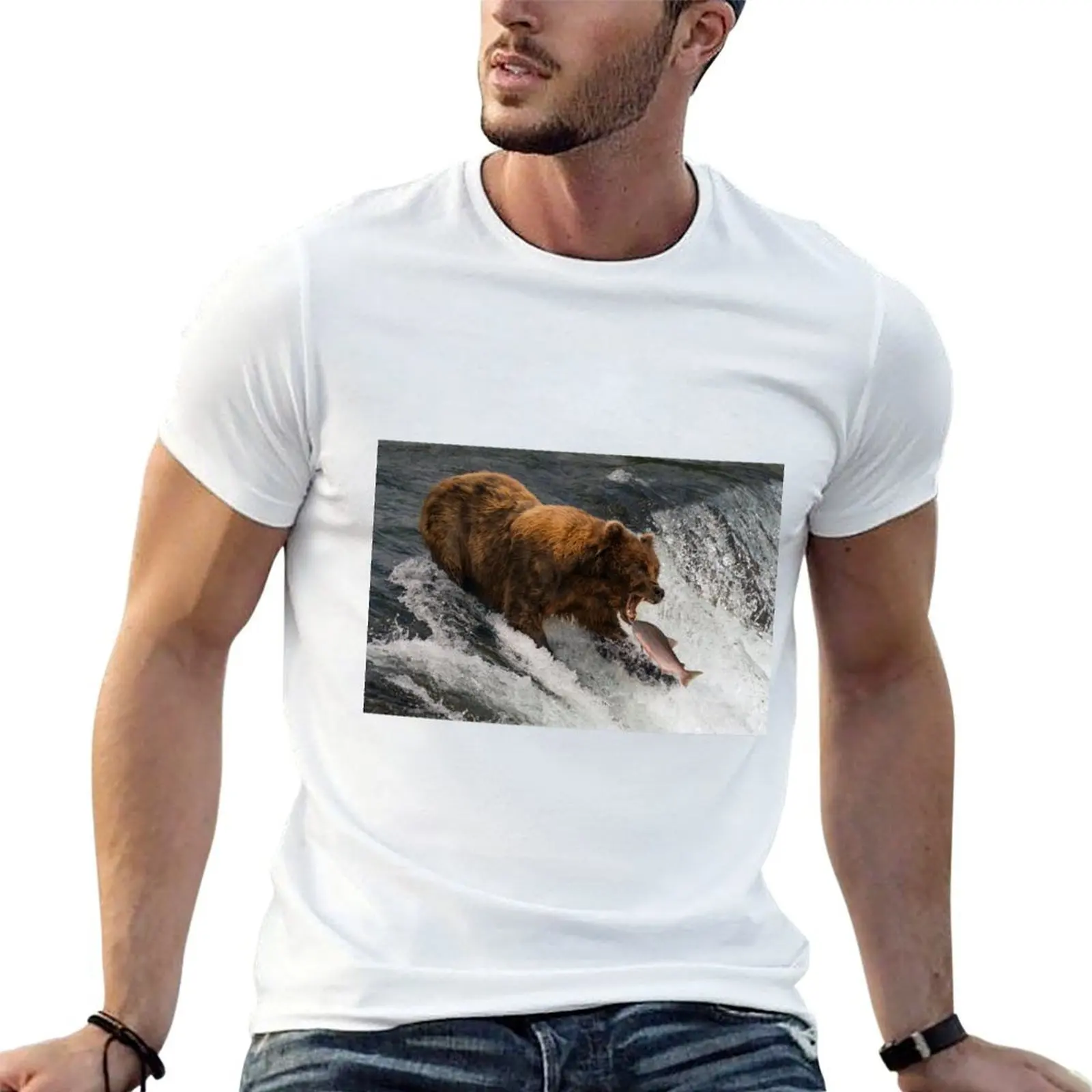 

Bear about to catch salmon in mouth T-Shirt t shirts with prints t shirt custom print t shirts cotton 100% T-shirt