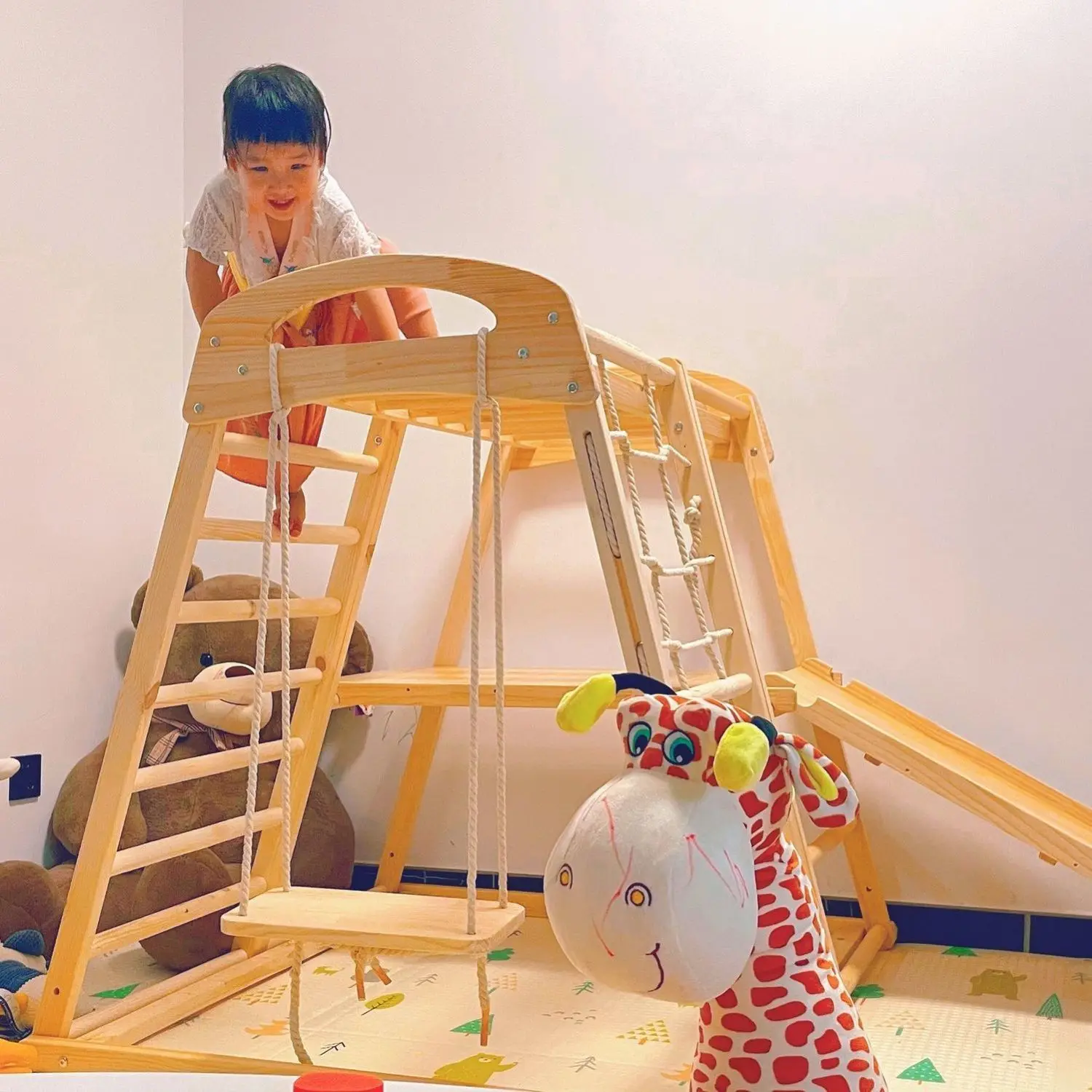 Solid wood climbing frame  indoor slide small paradise swing ring combination