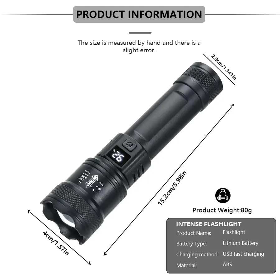 Flashlight Rechargeable USB-C LED Magnetic Red Laser UV Digital Display Zoomable High Power Long Range Emergency Torch