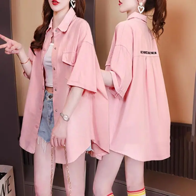 

Loose Women's Neck Short Sleeve Cardigan Summer New Style plus Size Mid-Length Half Sleeve Shirt Casual Fashion Top