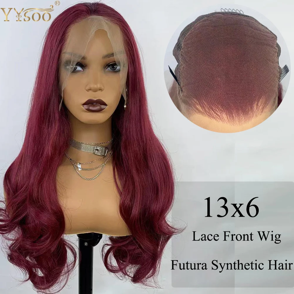 YYsoo Lange 99J Burgundy13x6 Futura Synthetische Haar Spitze Front Perücken für Frauen Körper Welle Wärme Beständig Glueless Rot Perücke Tiefe teil