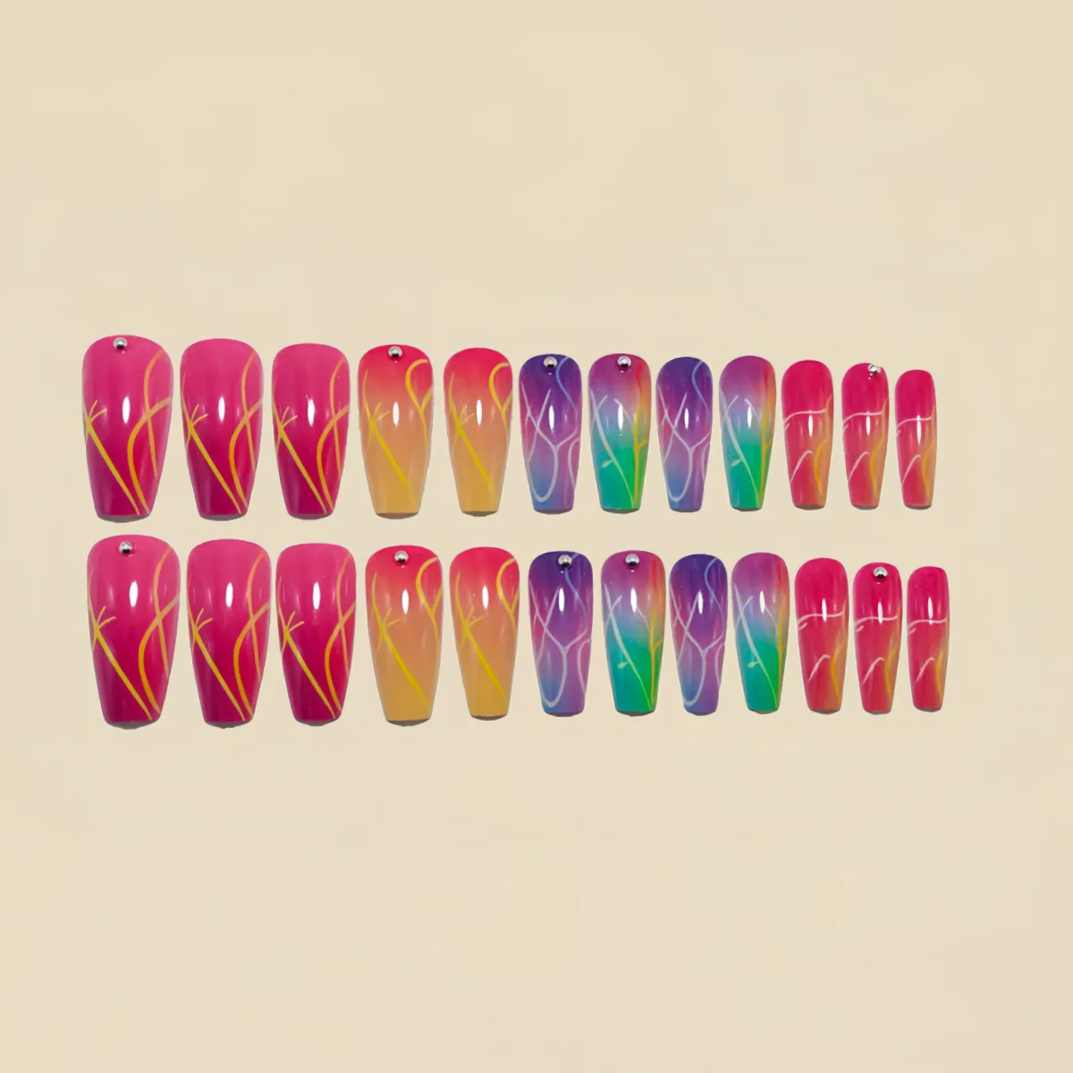 Mittellange künstliche Nagelspitzen mit 3D-Herz-Blumen-Design, Farbverlauf Lila-Rot, französische quadratische Ballett-Spitzen, Press-On-Set für künstliche Nagelkunst – Detail 9