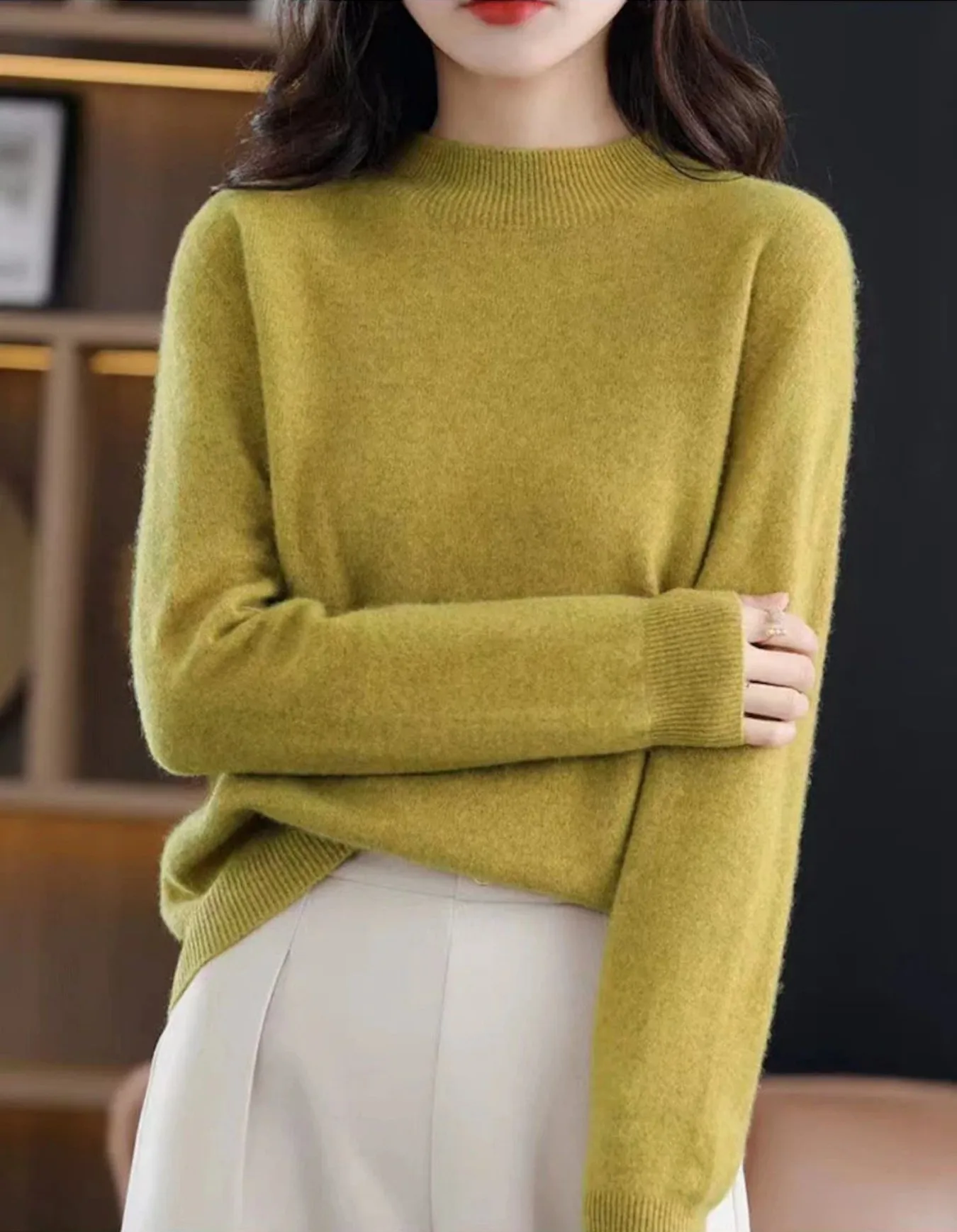 

Women's Slim Fit Long Sleeve Mock Neck Knit Sweater Casual Pullover Olive Green