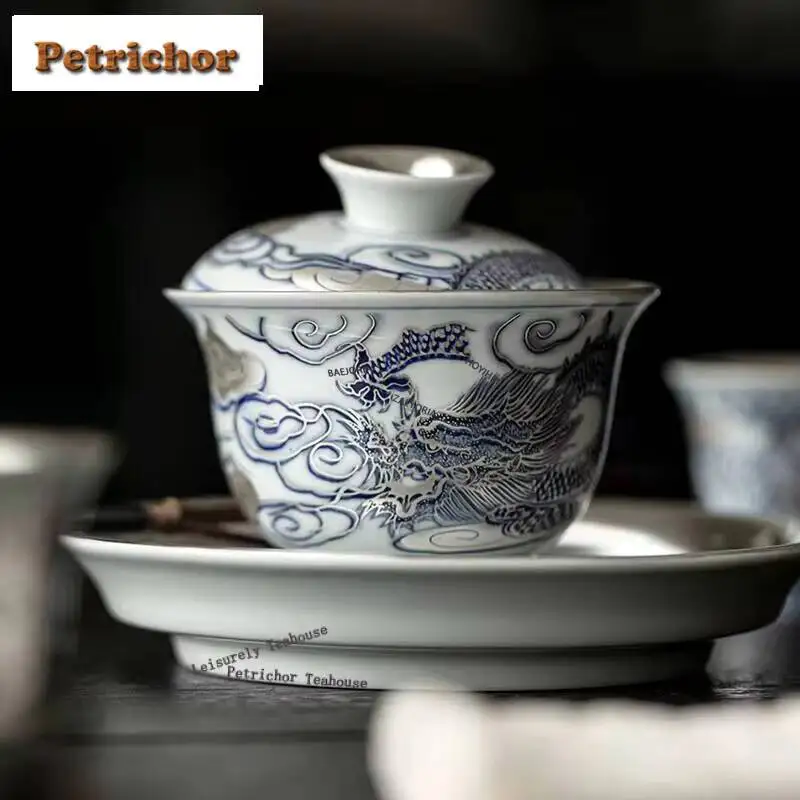 150Ml Chinese Zen Dragon Gaiwan Handmade Gilded Sier Tea Bowl Tureen Household Brewing Cover Cha Items Gift
