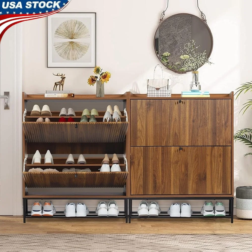 

Modern Fluted Shoe Cabinet with 2 Flip Drawers Slim Storage Organizer High Quality Narrow Free Standing Shoe Rack Entryway