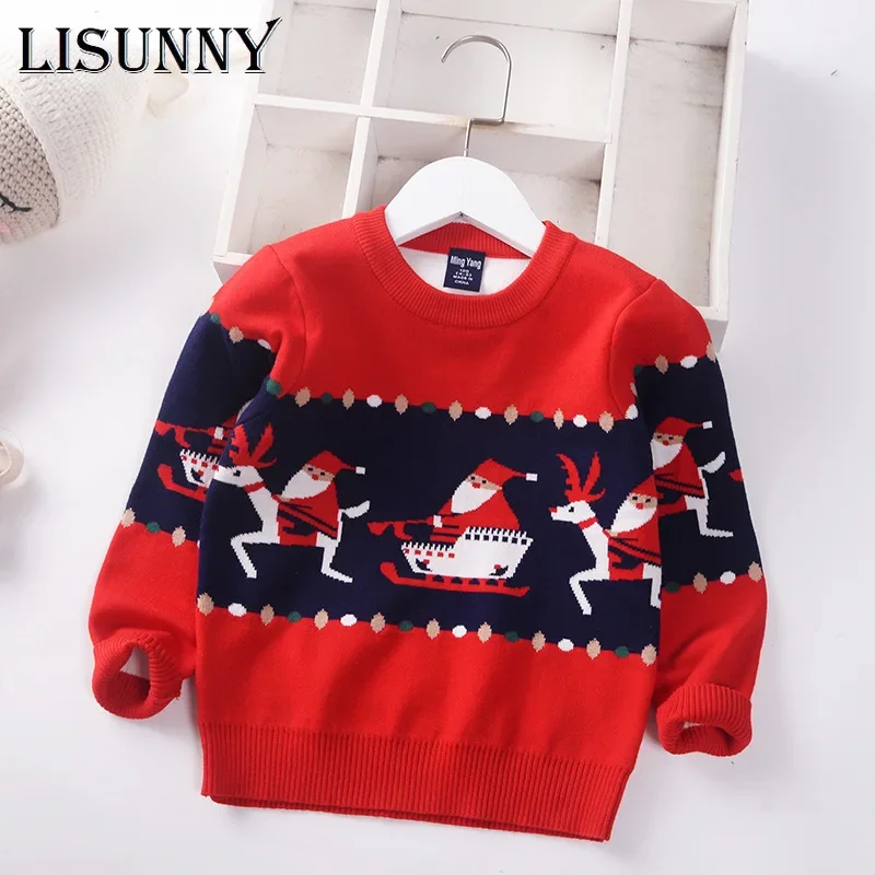 2024 Autumn Winter Kids Christmas Sweater Boys Girls Pullover Coat Children Clothing Baby Cotton Thick Wool Top Santa Claus 1-7y