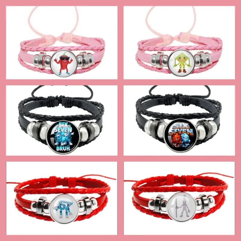 STEAL A BRAINROT Blue 67 sahur Cute No. 67 Handmade 18mm Black Leather Bracelet Glass Game Surrounding Jewelry Gifts