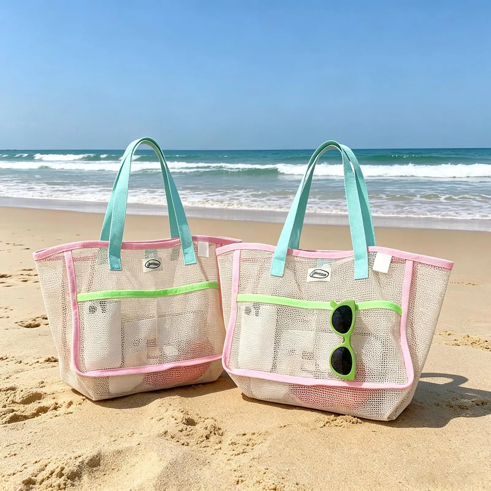 Beach Bags for Women Colorful Foldable Net Sand Tote Bag Travel Pool Storage Pocket for Beach Accessories