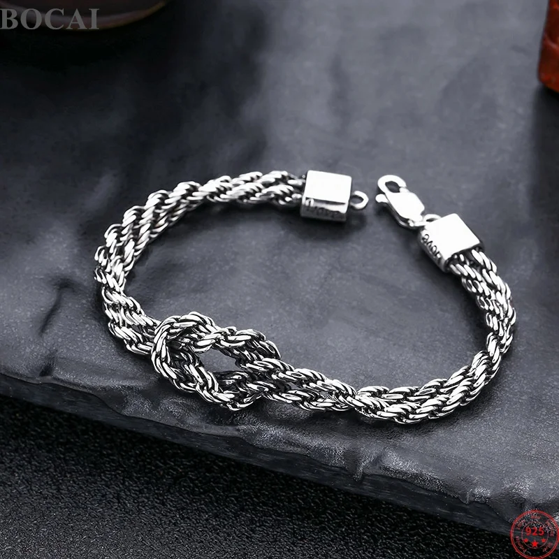 BOCAI NEW S925 Silver Vintage Personality Woven Hemp Rope Bracelet