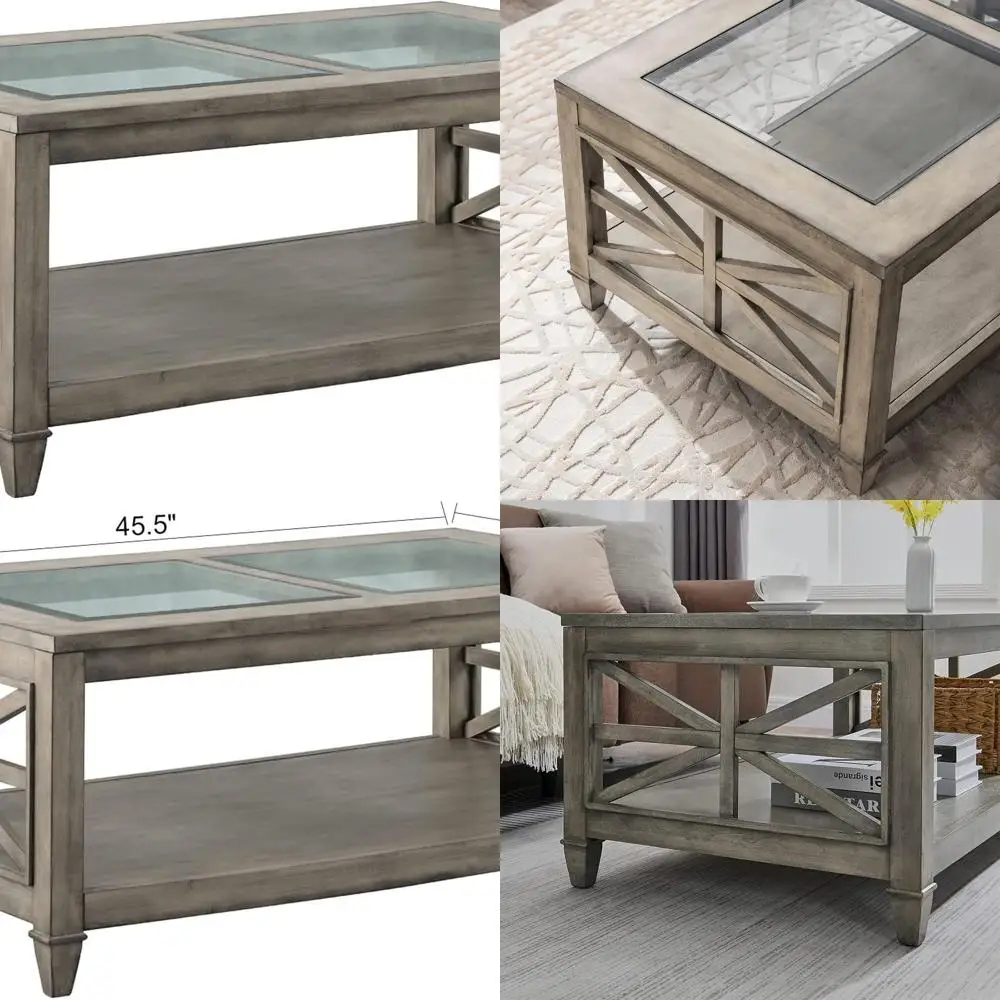 

Vintage 2-Tier Solid Wood Coffee Table with Tempered Glass, 45.5 x 26, Antique Gray, Suitable for Living Room, Office & Café