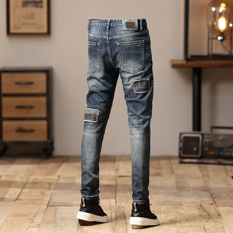 Street Fashion Men Jeans Retro Washed Blue Stretch Skinny Fit Ripped Jeans Men Patched Designer Hip Hop Denim Pencil Pants Homme