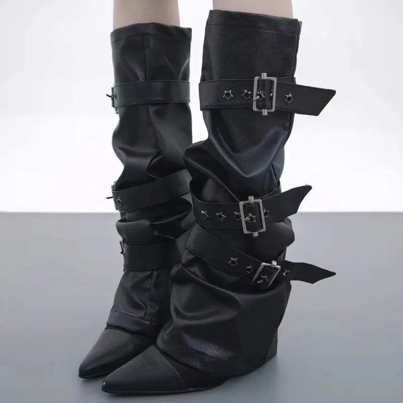 Gothic Punk Leg Warmers Women PU Leather Metal Buckle Star Rivet Design Stacked Boot Cuffs Y2K Street Club Party Leg Socks New