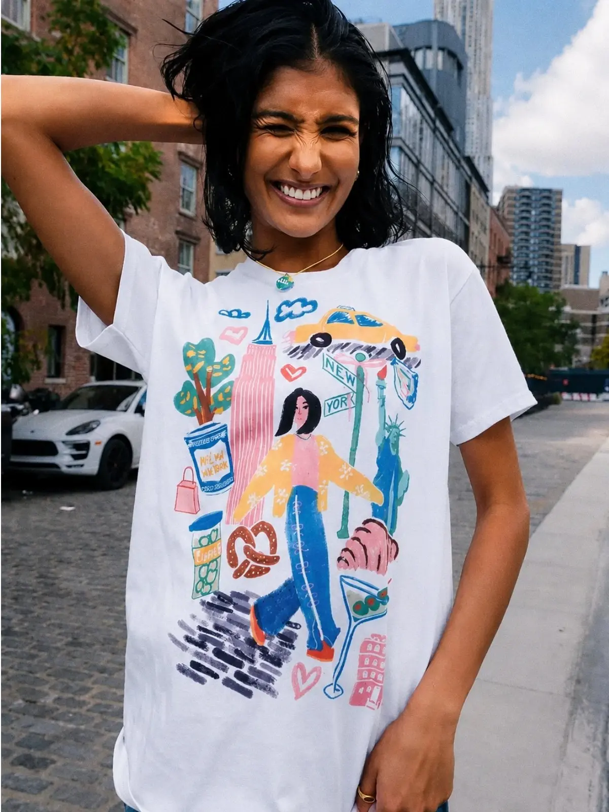 Y2K Design Hand-Drawn New York City Travel Graphic Cotton Tee Women T Shirt Colorful Landmark Casual Vacation Loose Fashion Top