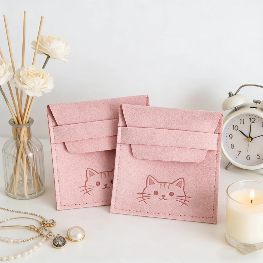 

Customed Logo Lovely Smart Jewelry Pink Microfiber Bags Velvet Suede Envelope Earrings Cosmetic Pouch Wedding Gift Box Organizer