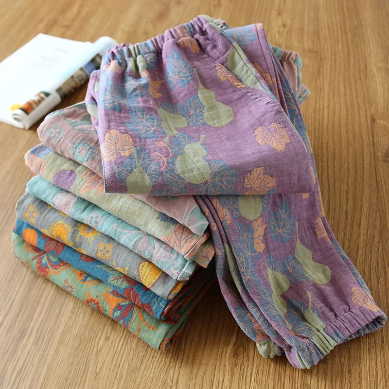 

Летние хлопковые пижамные штаны, женские двусторонние марлевые брюки, окрашенные в пряже, пляжные брюки, свободные домашние тонкие брюки с защитой от комаров