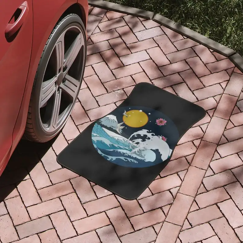 Vaporwave car floor mat, the great wave off kanagawa, cute car accessories for teens, japanese wave, women, colorful,peony,crane