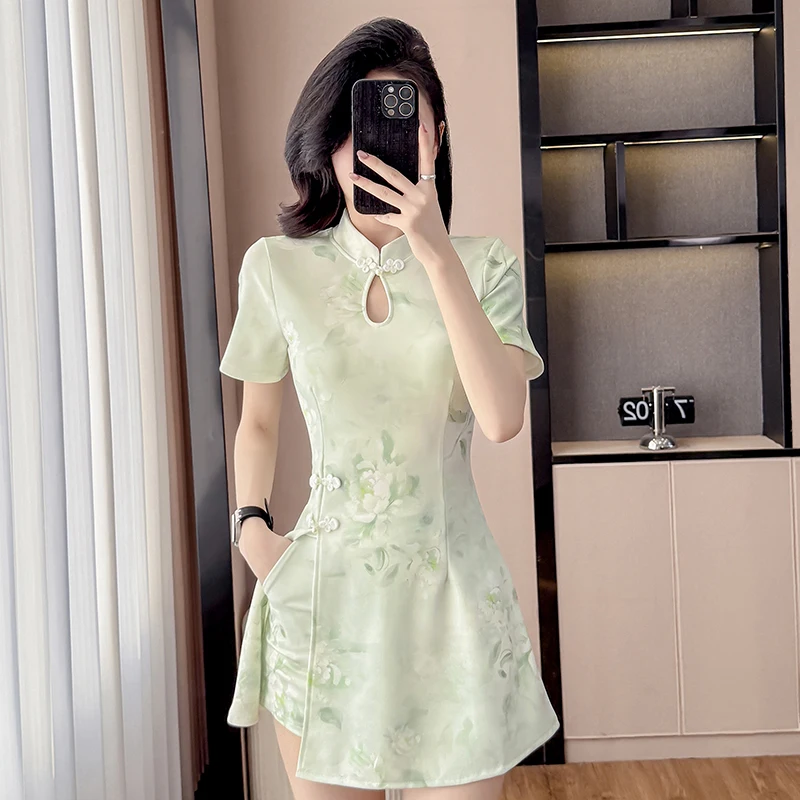 

New Chinese Style Green Floral Print Shorts & Tops Set Slim Waist Two Pieces Outfit Women's Cheongsam Qipao Vintage Summer Suits