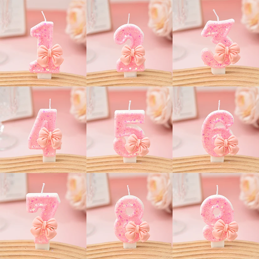 Bonitos velas de pastel con números 3D de lazo rosa para decoraciones para fiesta de cumpleaños, herramientas de decoración de pasteles