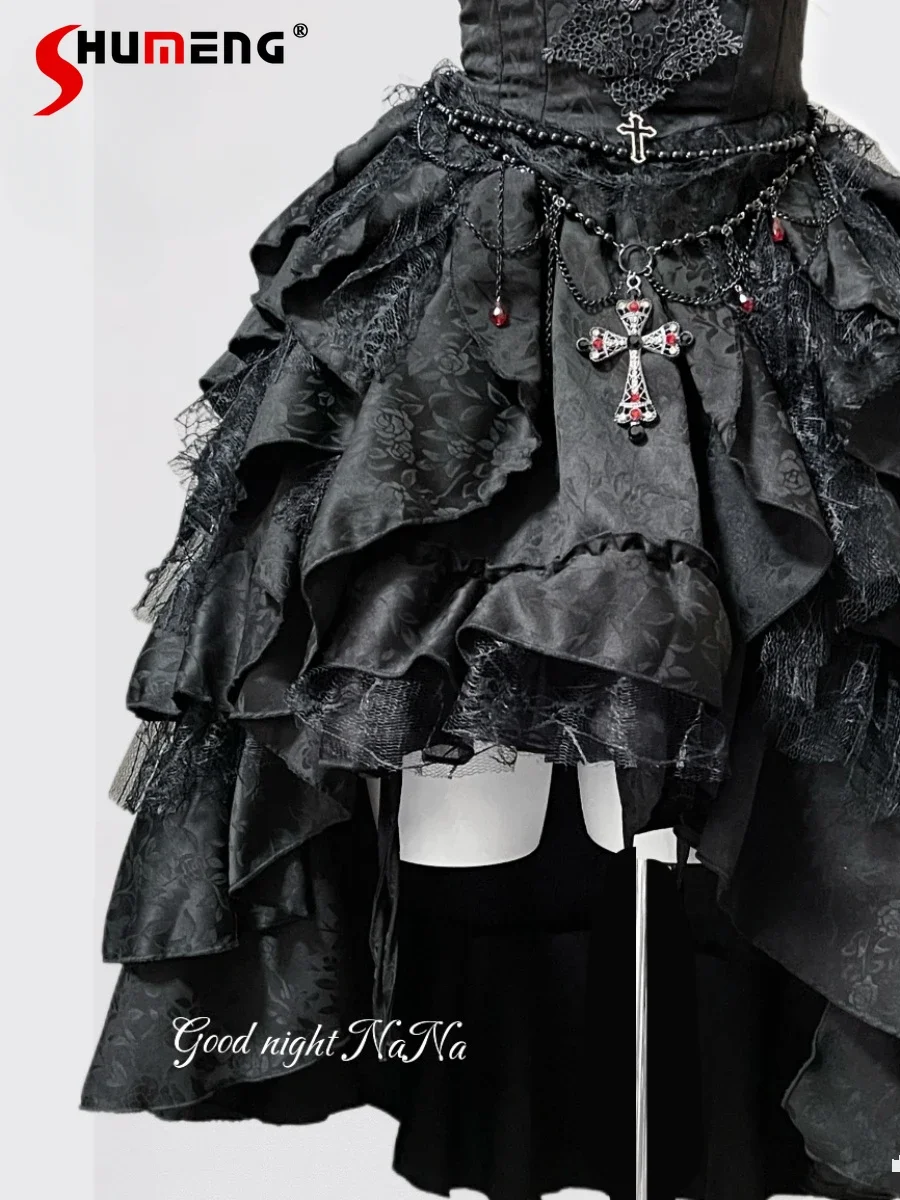 Women's Dark Gothic Vintage Black Lace Stitching Irregular Skirt Women's Slim Fit Short Sleeve Lolita Shirt Y2k Necklace 2024