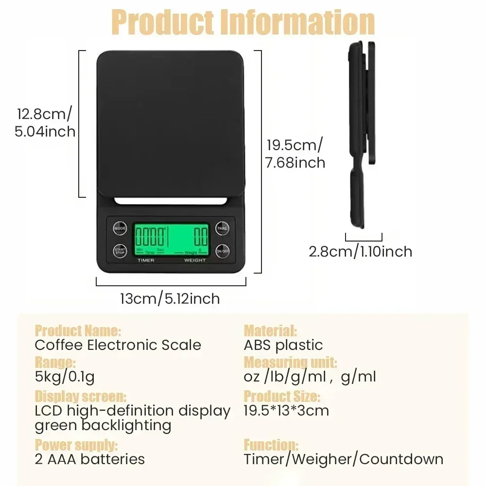 5kg LCD Electronic Drip Coffee Scale High Precision Measurement Digital Display Timer Portable Kitchen Scale Coffee Weight Tool