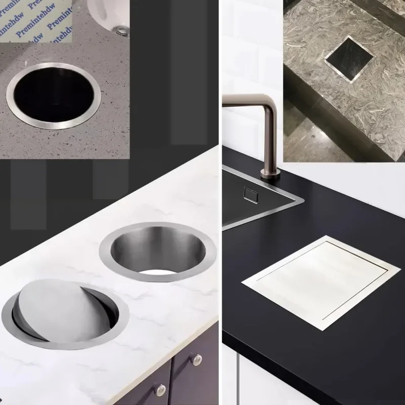 1Pc SUS304 Square Circular Countertop Mounted Trash Waste Chute Swing Cover Lid Open Top Grommet Kitchden Bath Countertop