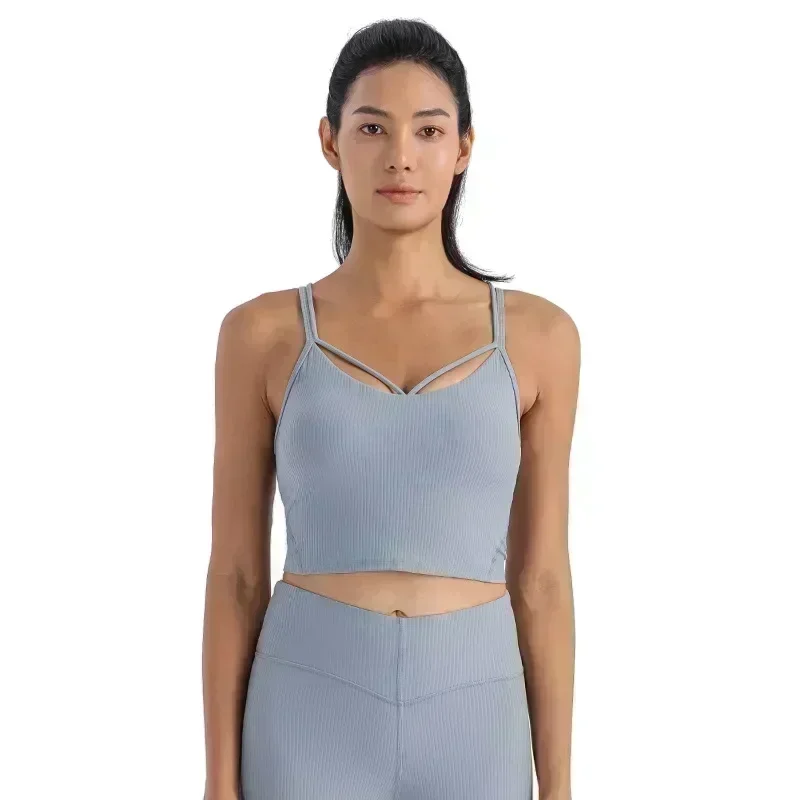 Lemon Align Vrouwen Strappy Tank Yoga Sportvest Met Borstkussen Sexy Dunne Riem Geribbelde Hoge Elastische Running Sport Sling Bh