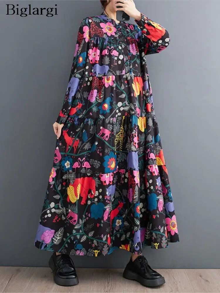 Übergroßen frühling Herbst Floral Blume Langarm Kleid Frauen Lose Mode Damen Kleider Frau Kleid