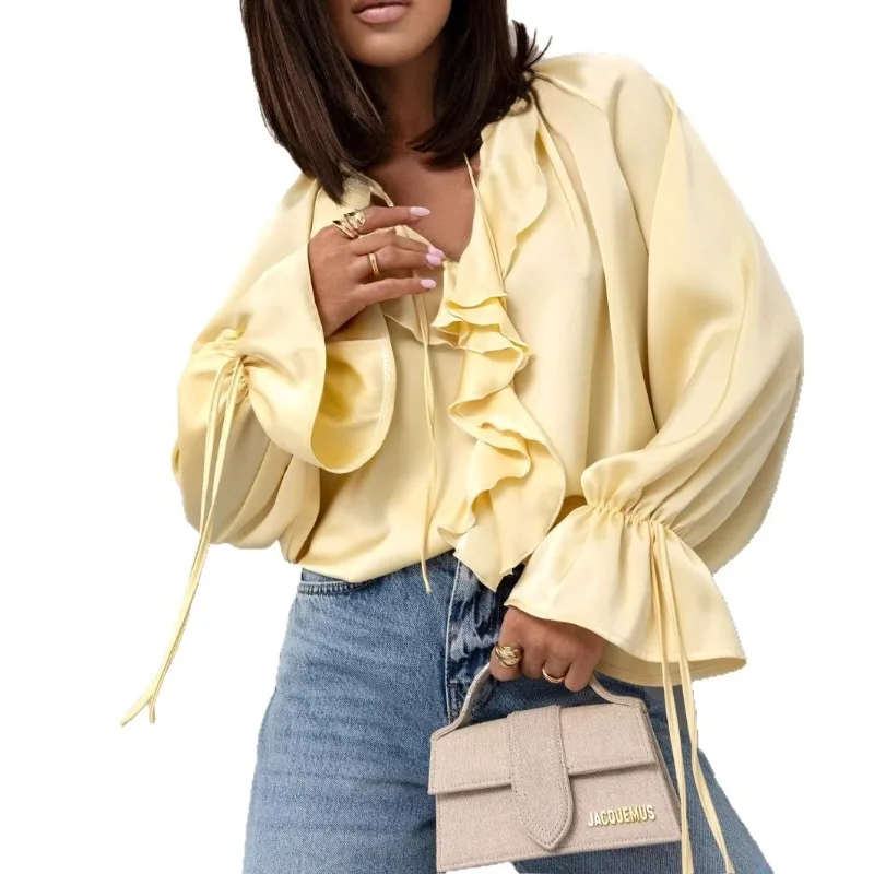 

2026 New Cross-border Amazon Independent Station, Spring Autumn Versatile Ruffle Edge Horn Sleeve V-neck Lace-up Women's Shirt
