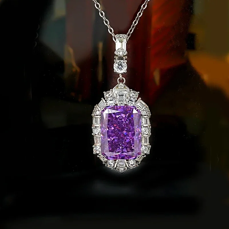 2025 luxury violet 925 silver necklace with ice cut pendant inlaid with high carbon diamond rectangular temperament wedding gift