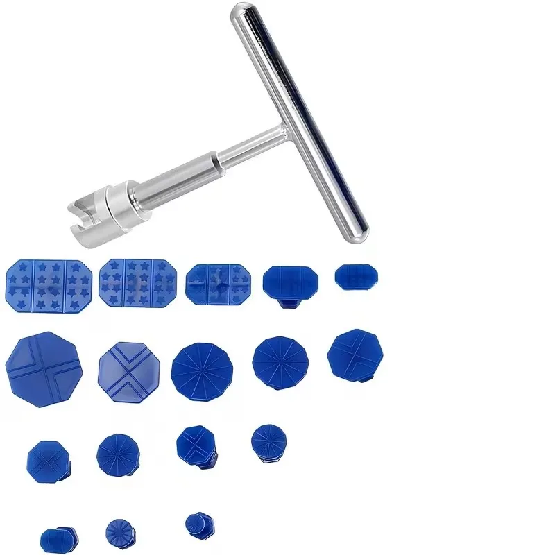 Metal T‑Handle Dent Puller Kit with 18Pcs Plastic Glue Tabs, Paintless Car Dent Repair Tool, Universal Auto Body Dent Removal Accessories