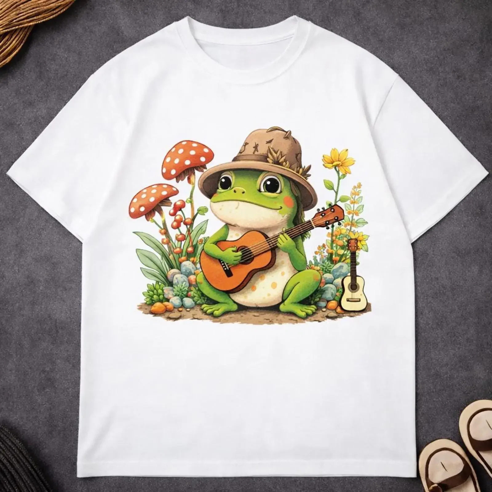 Funny Frog Guitar T Shirt Cottagecore Mushroom Animal  vintage Washed Soft Casual Stylish homme fashion Stretched