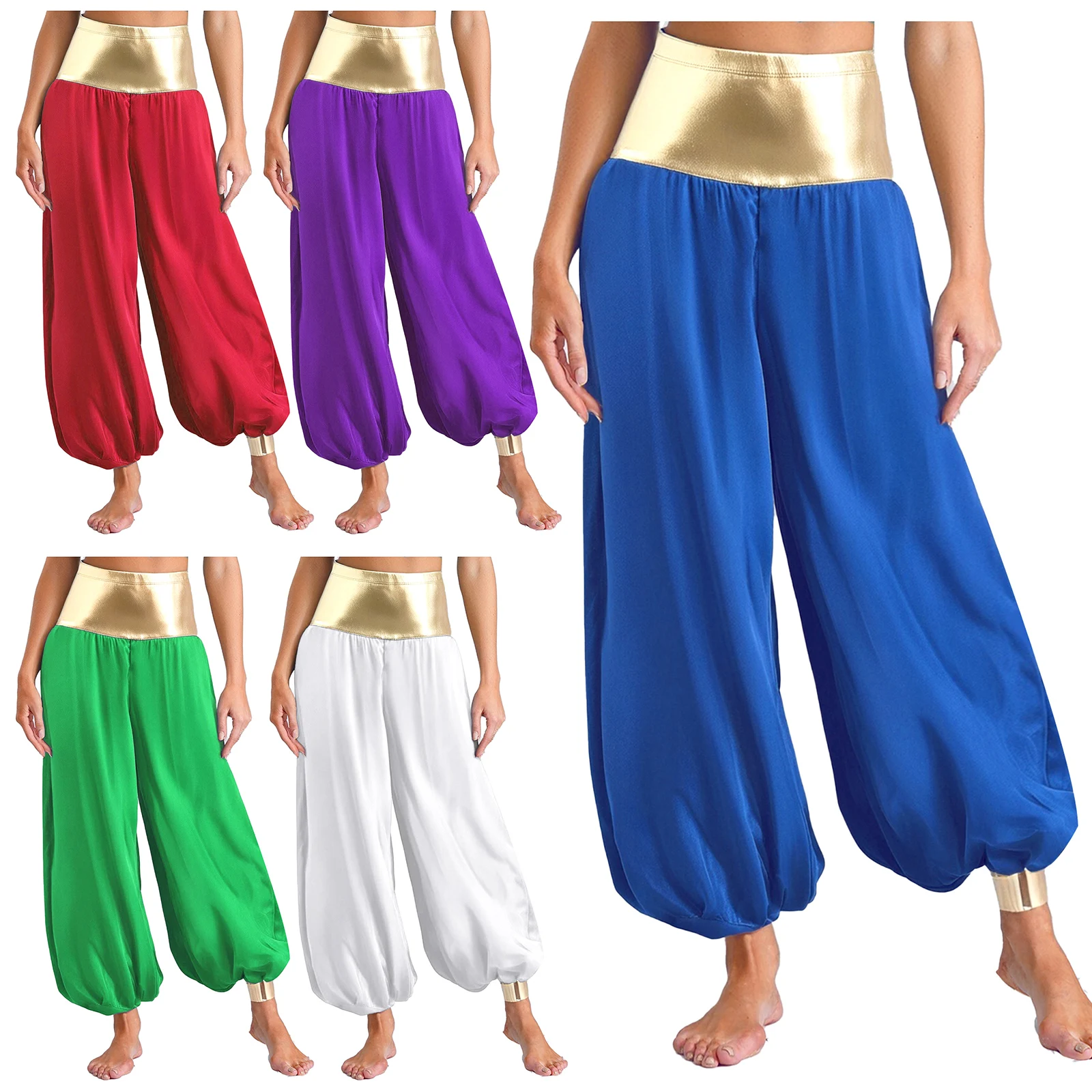 

Belly Women Arabian Princess Cosplay Costume Magical Hippie Harem Pants Metallic Patchwork Lantern Pants for Halloween Dress Up