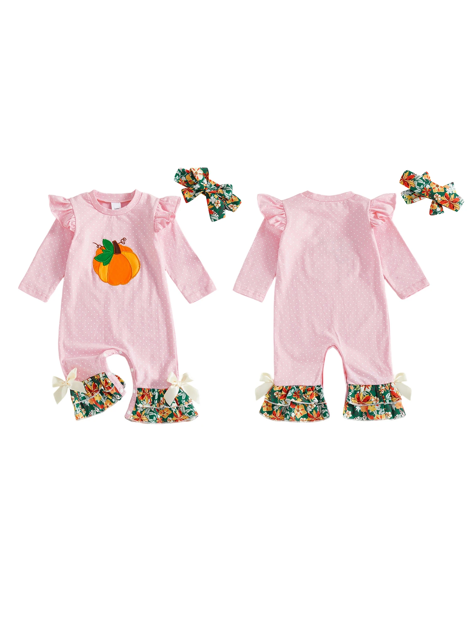 เด็กวัยหัดเดินชุดฤดูใบไม้ร่วงชุดรอมเปอร์พิมพ์ลายดอกไม้น่ารักพร้อมที่คาดผมโบว์ฤดูใบไม้ร่วงชุดวันขอบคุณพระเจ้าสำหรับเด็กผู้หญิง