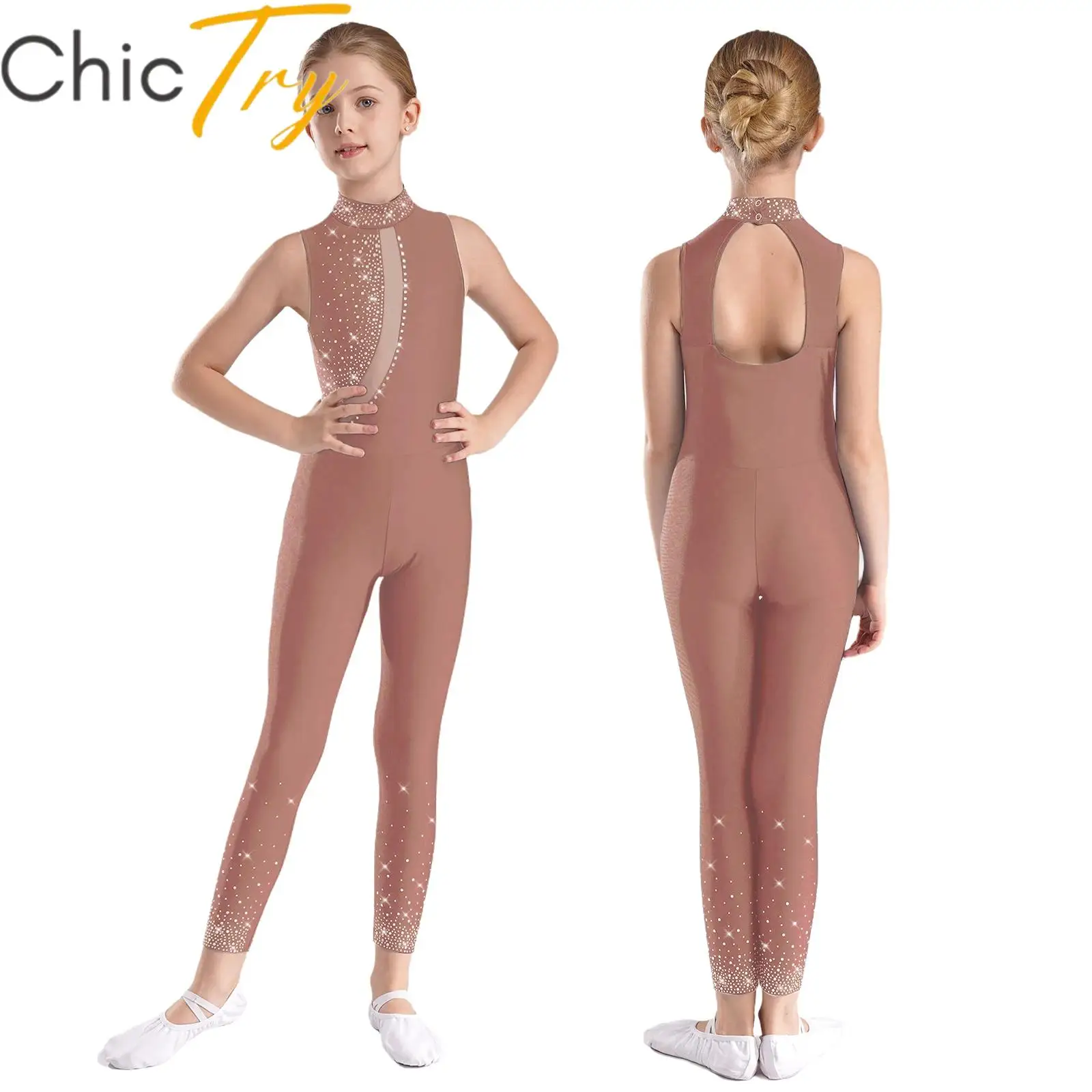 

Ballet Gymnastics Jumpsuit Rhinestones Sheer Mesh Sleeveless Dance Bodysuit for Figure Skating Modern Dance Stage Performance