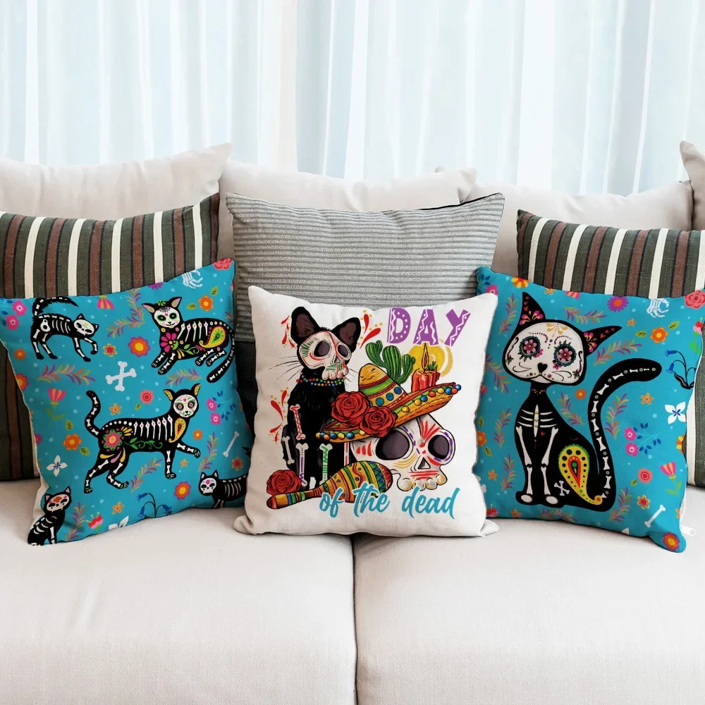 1pc/4pcs Mexican Day Of The Dead Pillowcase Blue Skull Design Cushion Cover Cat Cartoon Halloween Home Decor