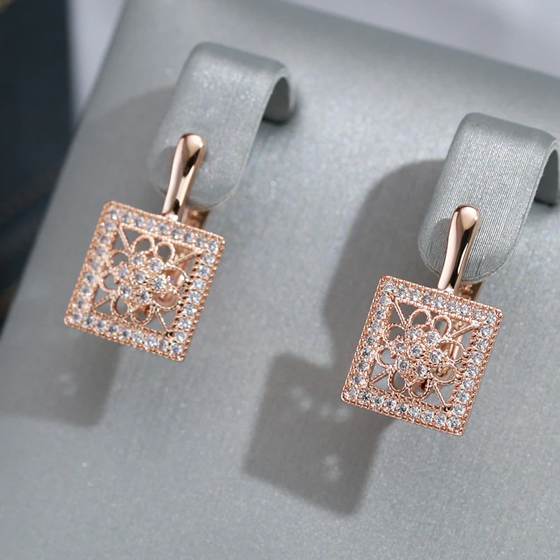 Wbmqda Hollow Square Zircon Drop Earrings For Women 585 Rose Gold Color With White Natural Stone Luxury Vintage Dubai Jewelry