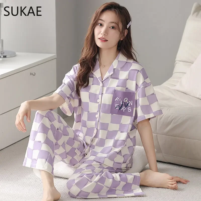 SUKAE Elegant Woman\'s Pajama Sets High Quality Cotton Sleepwear Summer Short Sleeve Cardigan Pijamas Casual Lapel Nightwear Pjs