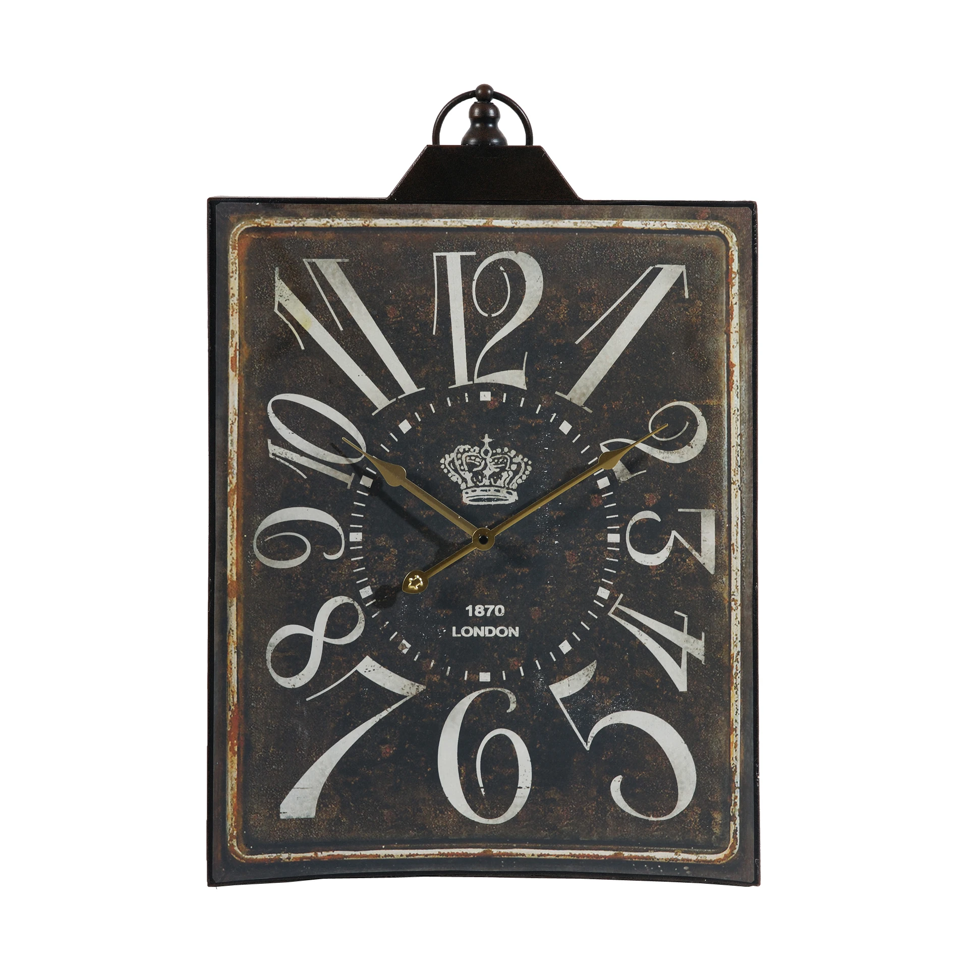 Vintage London Crown Design Wall Clock, Distressed Black Metal Silent Non-Ticking Industrial Farmhouse Decorative Clock