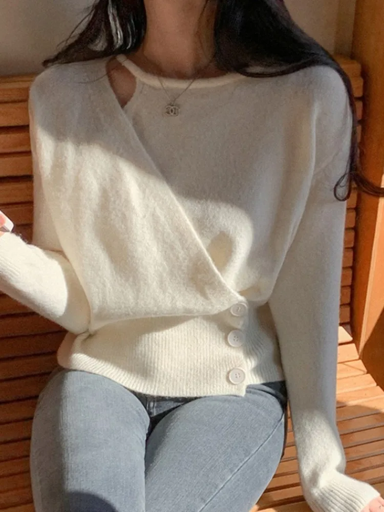 

Шикарный вязаный длинный свитер свека, женская футболка с застежкой на талии и пуговицами, весна-осень, утягивающий модный свитер для поездок на работу