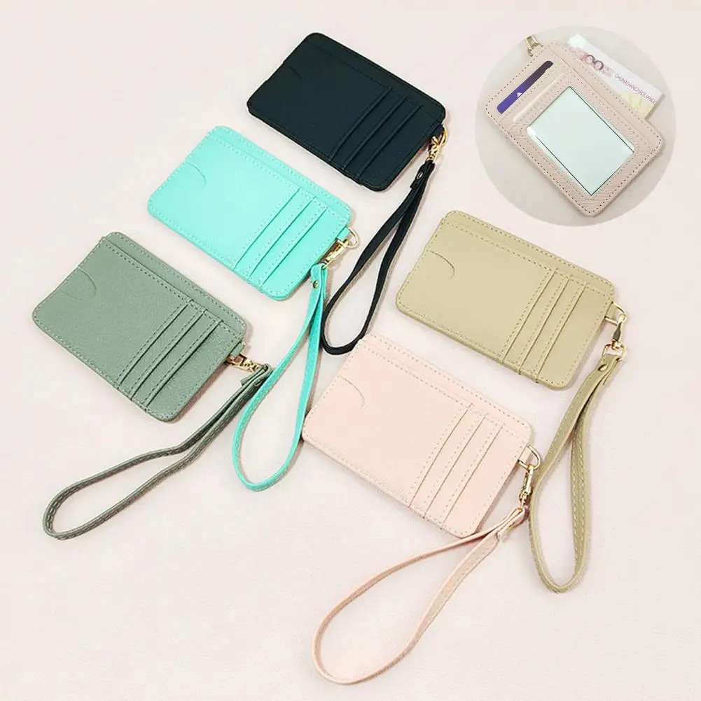 Card Holder Clear ID Window Multi-slots Hand Strap Slim Solid Color Minimalist Credit Card Badge Wallet Storage Case Бумажник