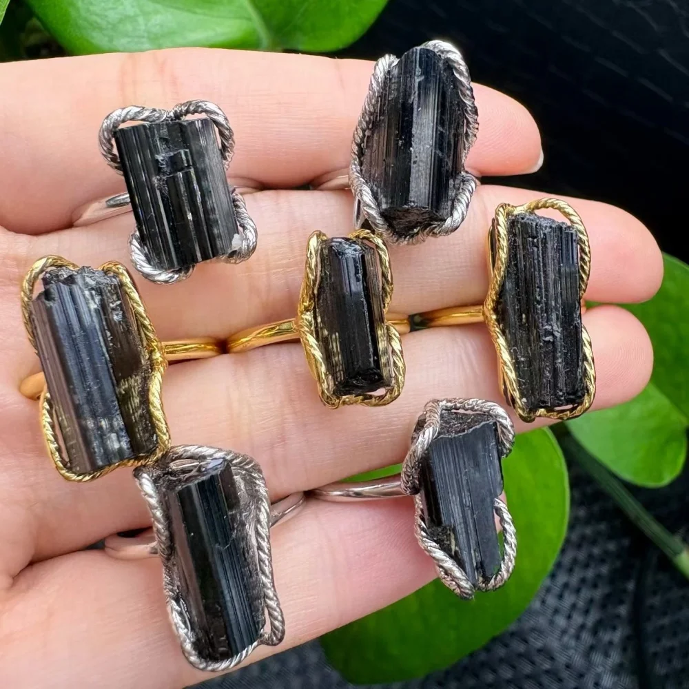 Natural Black Tourmaline Ring Colour Crystal Gemstone Trendy Creative Mature Fashion Women Healing  Jewelry Gift 1PCS